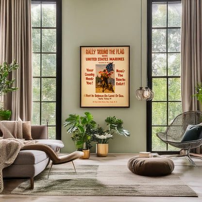 A picture of Rally 'round the flag with United States Marines "Soldiers of the sea" First in defense on land or sea /, a mockup of the print leaning against a wall