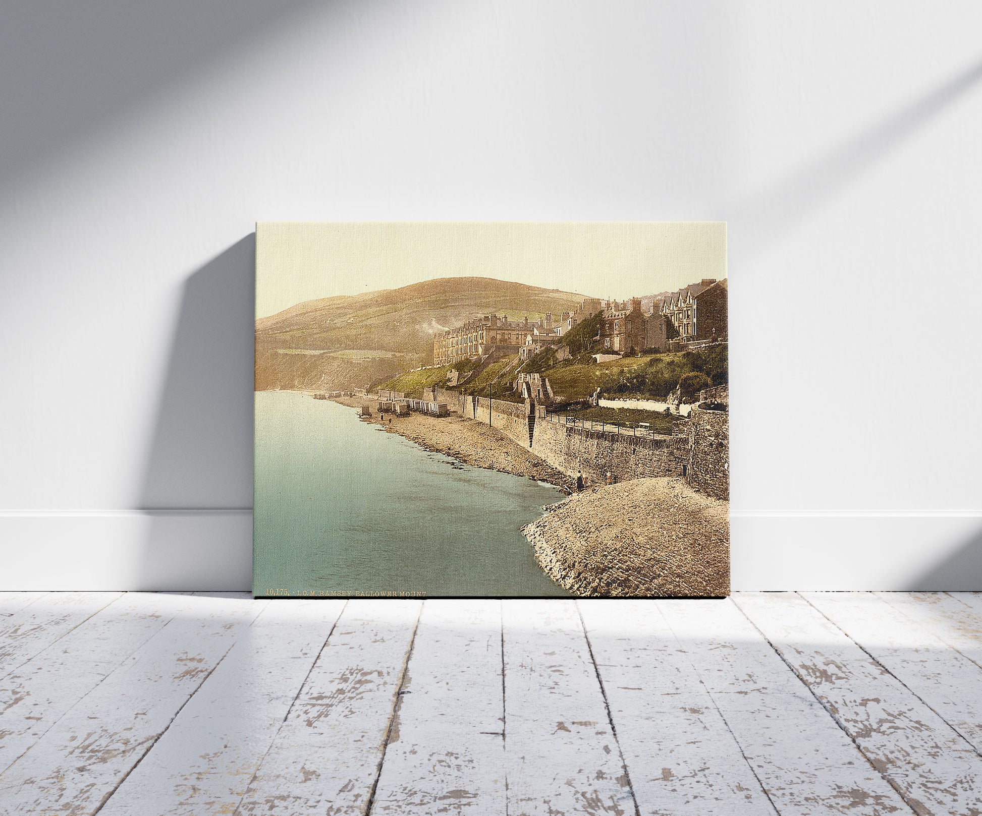 A picture of Ramsey, Ballower Mount, Isle of Man, a mockup of the print leaning against a wall