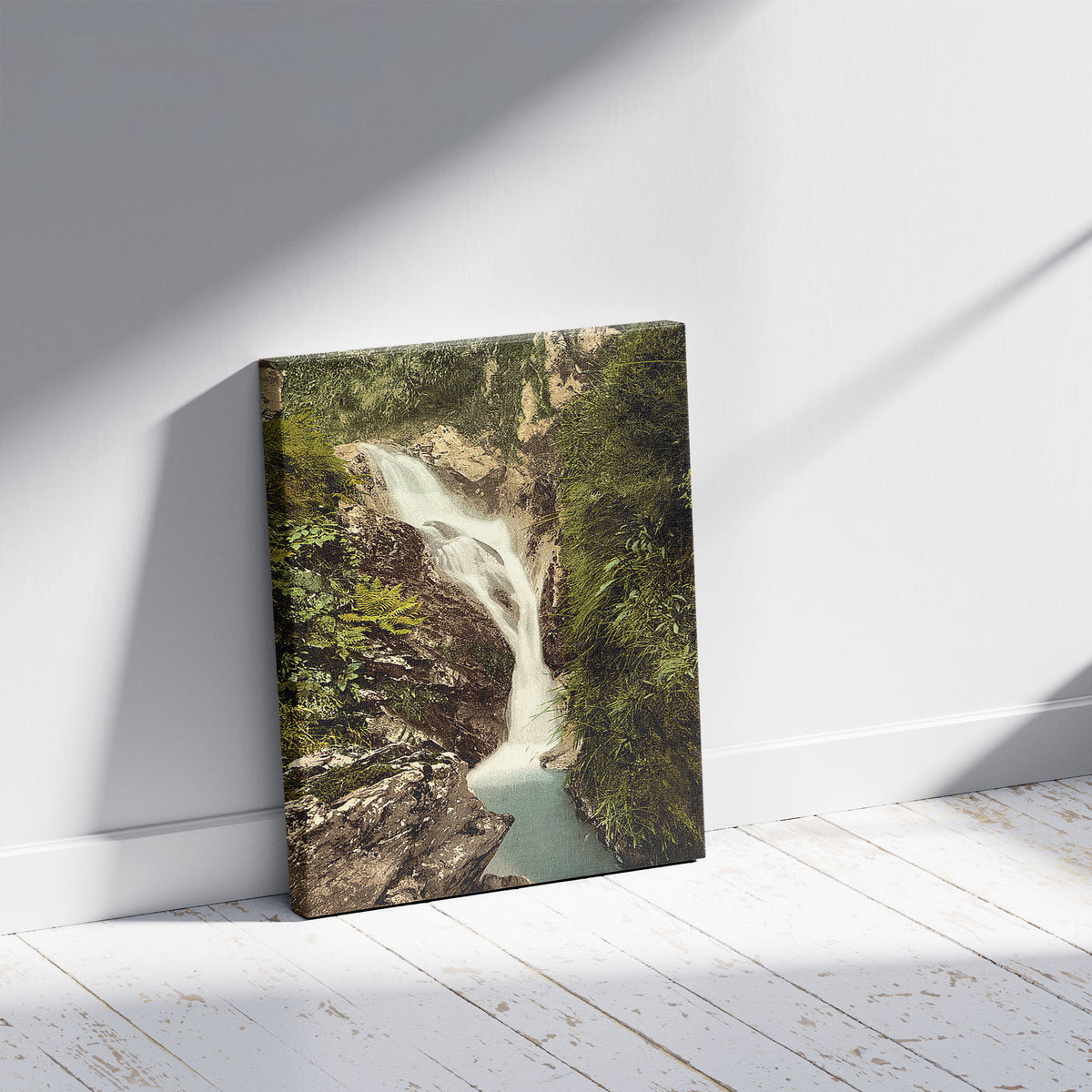 A picture of Ramsey, Sulby Glen, Upper Falls, Isle of Man, a mockup of the print leaning against a wall