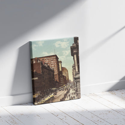 A picture of Randolph Street east from LaSalle, Chicago, a mockup of the print leaning against a wall