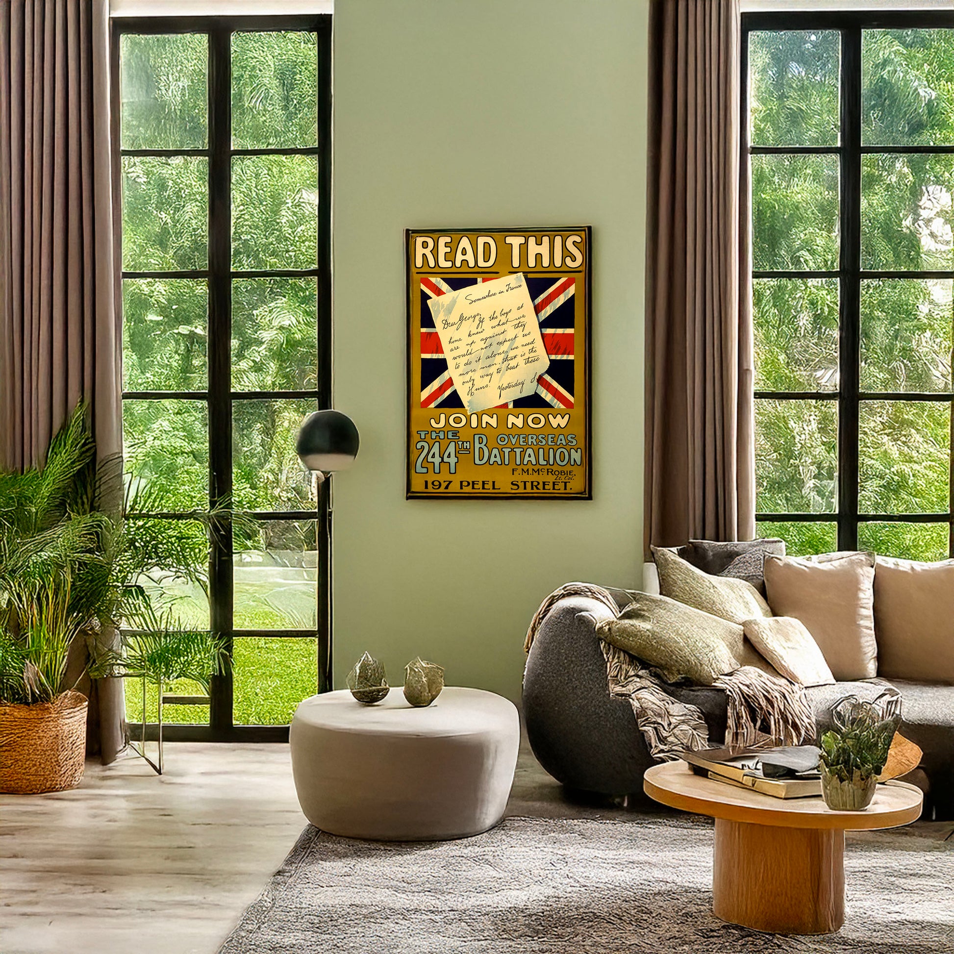 A picture of Read this, join now the 244th Overseas Battalion, a mockup of the print leaning against a wall