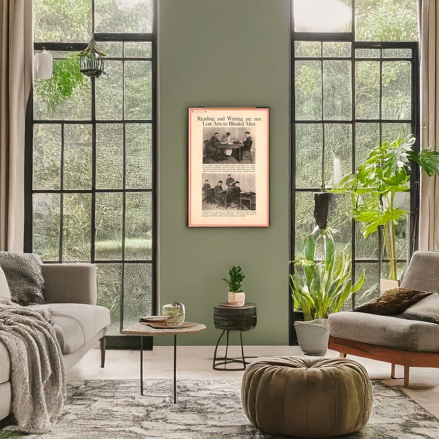 A picture of Reading and writing are not lost arts to blinded men, a mockup of the print leaning against a wall