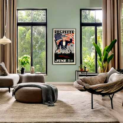 A picture of Register June 5th, a mockup of the print leaning against a wall
