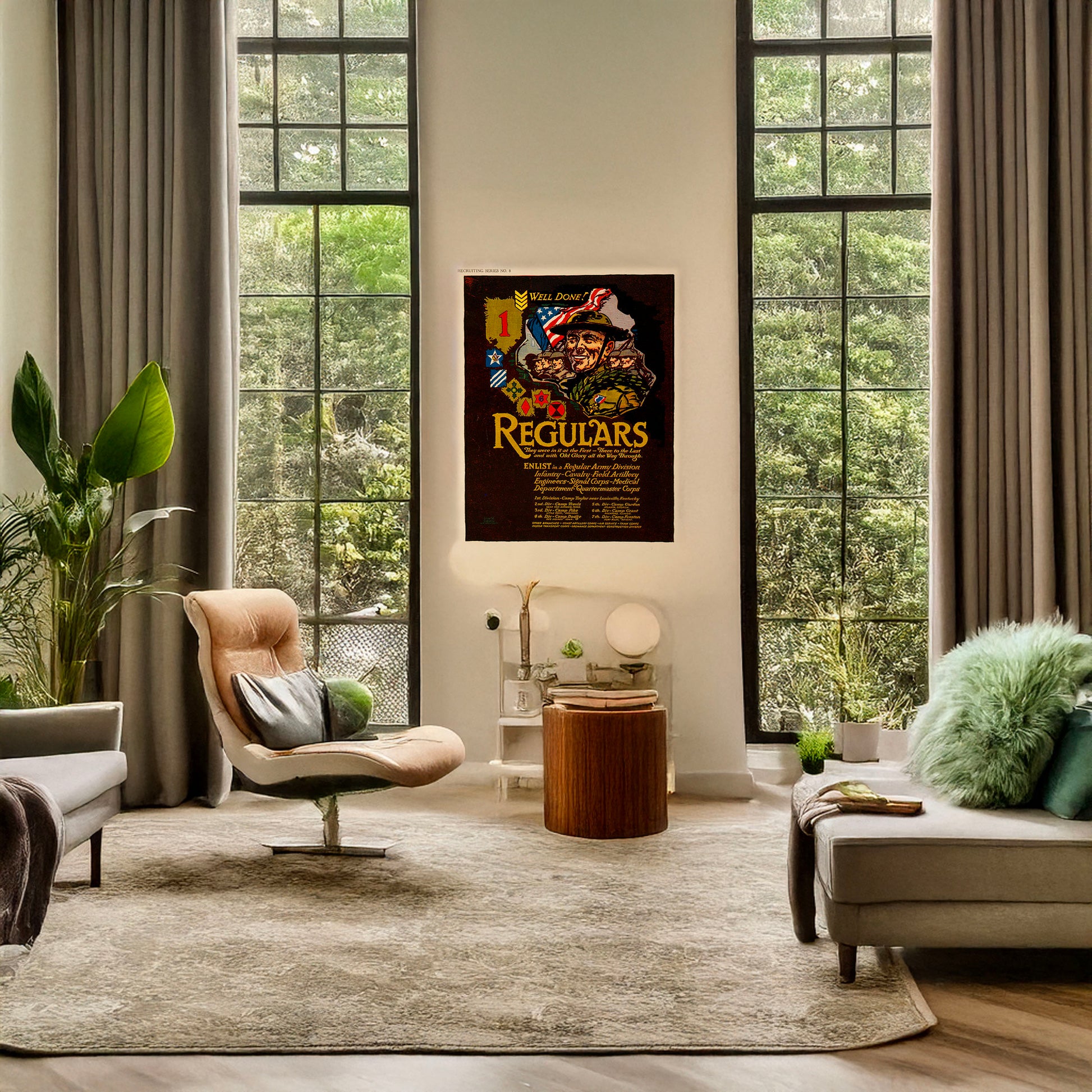 A picture of Regulars - They were in it at the first - There to the last, and with Old Glory all the way through, a mockup of the print leaning against a wall
