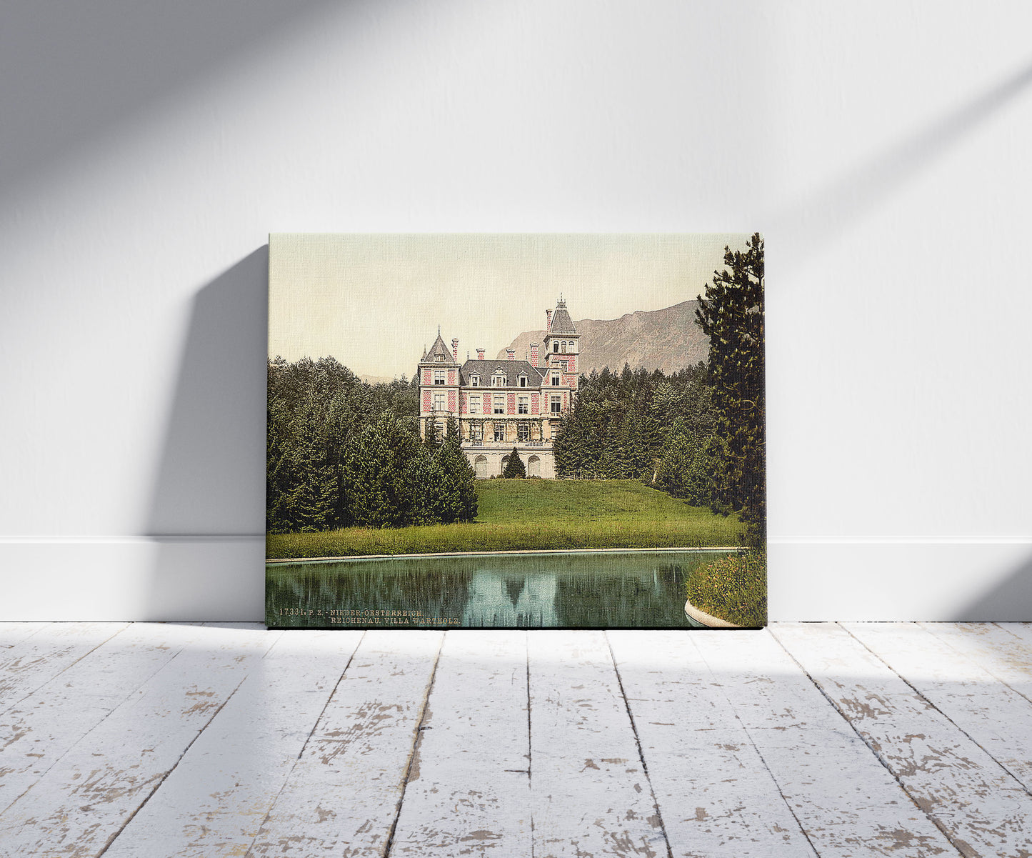 A picture of Reichenau, Villa Wartholz, Lower Austria, Austro-Hungary, a mockup of the print leaning against a wall