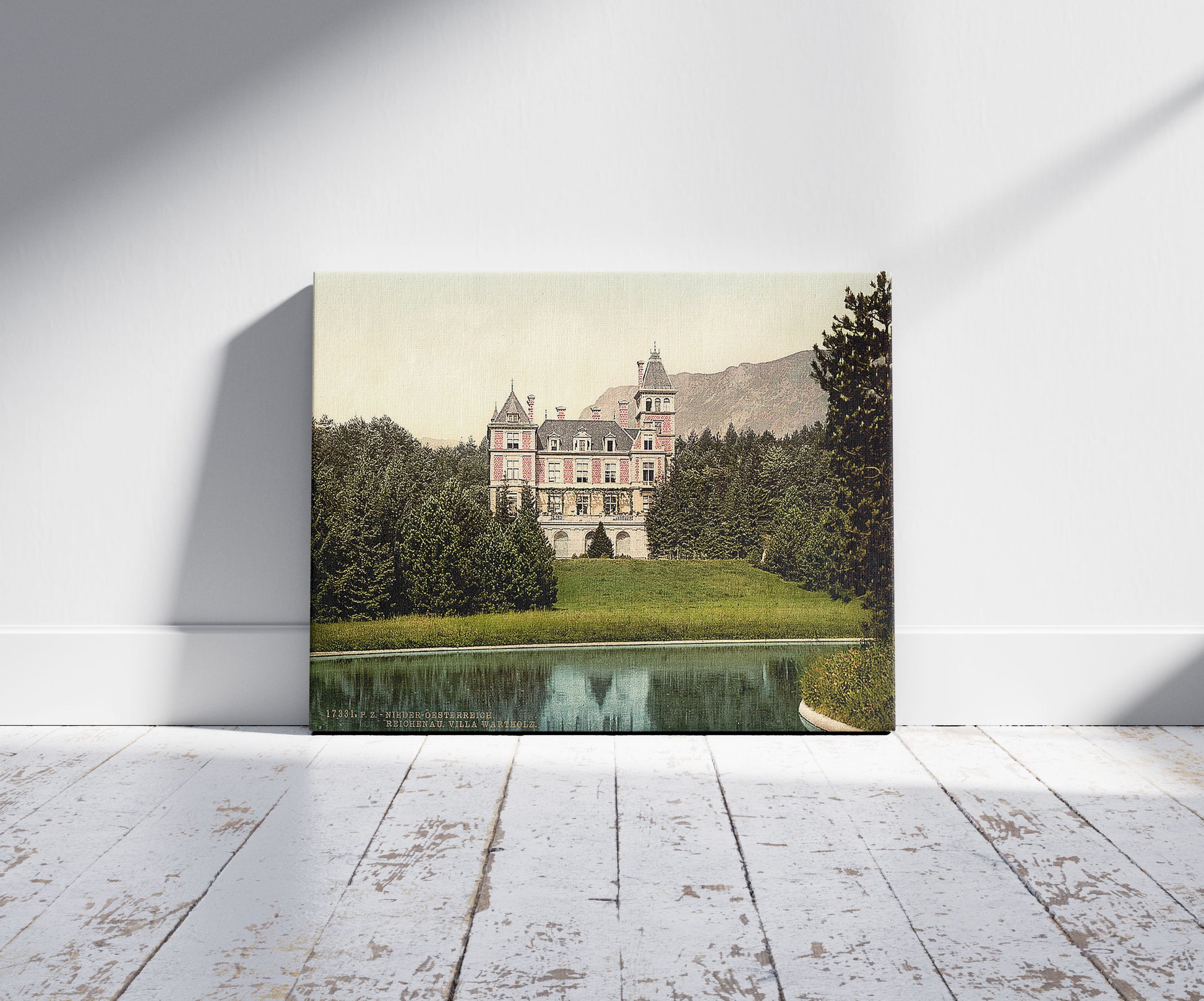 A picture of Reichenau, Villa Wartholz, Lower Austria, Austro-Hungary, a mockup of the print leaning against a wall