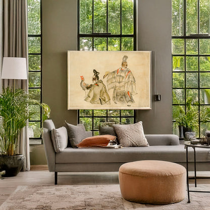A picture of Religious ceremony with rooster, a mockup of the print leaning against a wall