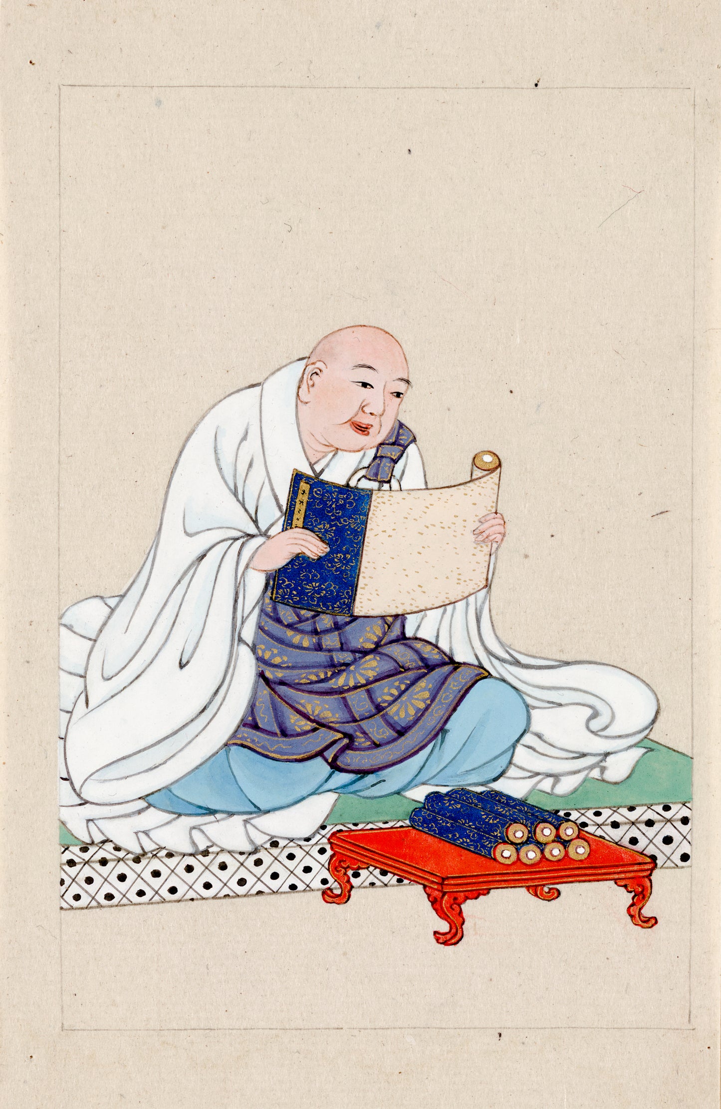 A picture of Religious figure, probably a monk, seated, facing slightly right, reading a scroll, several scrolls are on a table in front of him