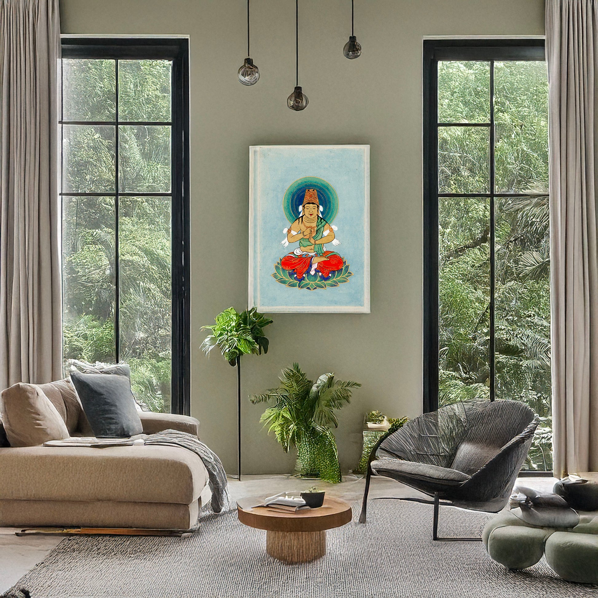 A picture of Religious figure sitting on a lotus, facing front, with blue/green halo behind his head, a mockup of the print leaning against a wall