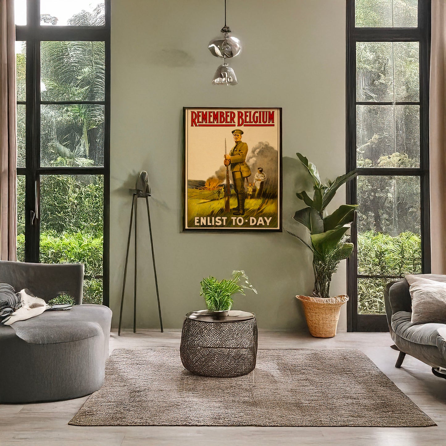 A picture of Remember Belgium--Enlist to-day, a mockup of the print leaning against a wall