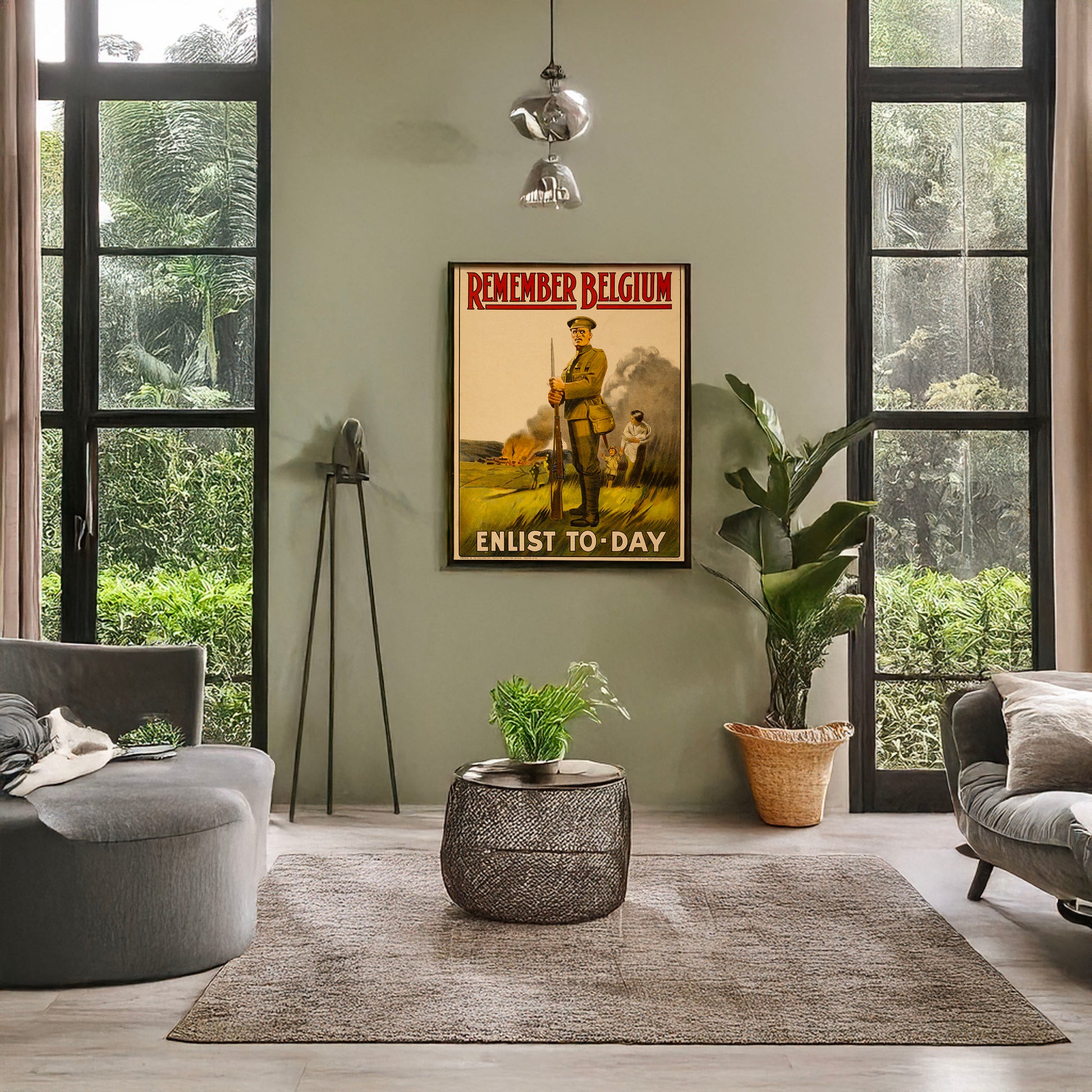 A picture of Remember Belgium--Enlist to-day, a mockup of the print leaning against a wall