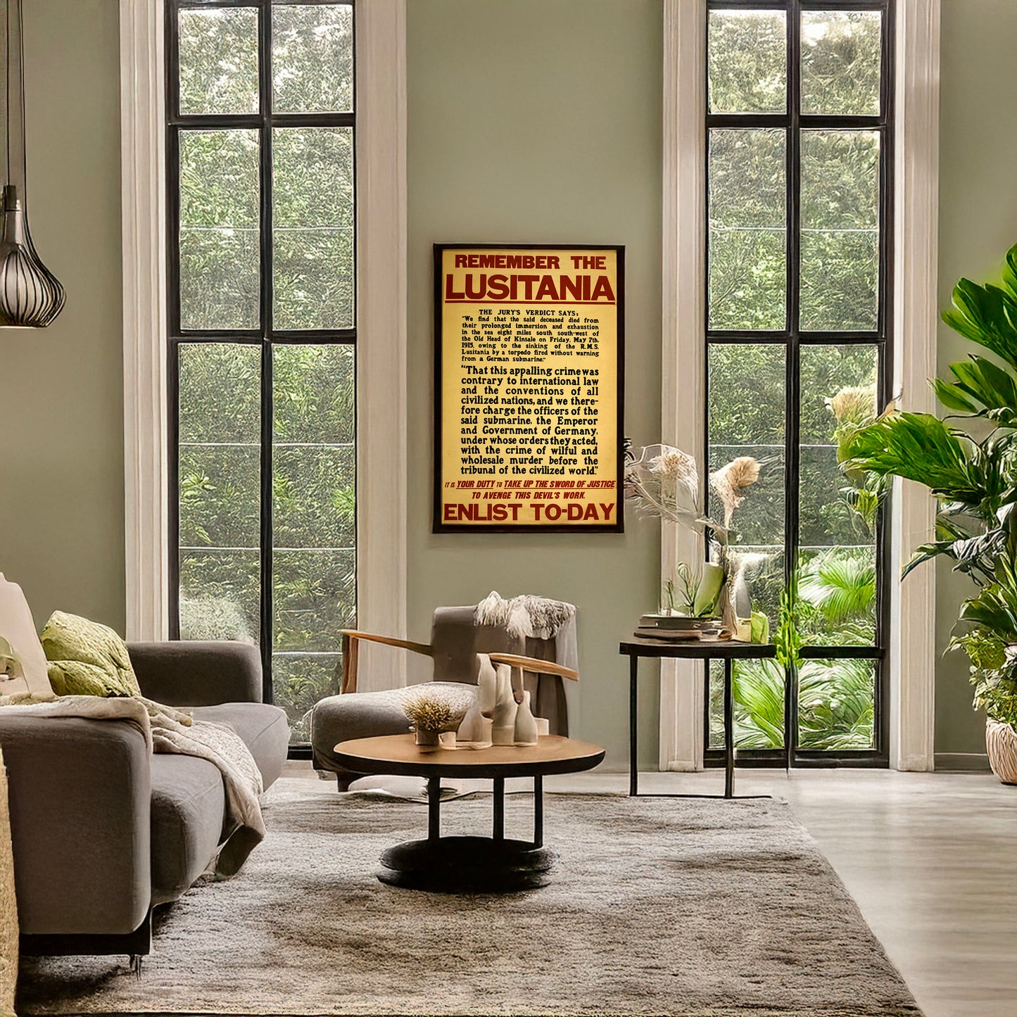 A picture of Remember the Lusitania ... Enlist to-day, a mockup of the print leaning against a wall
