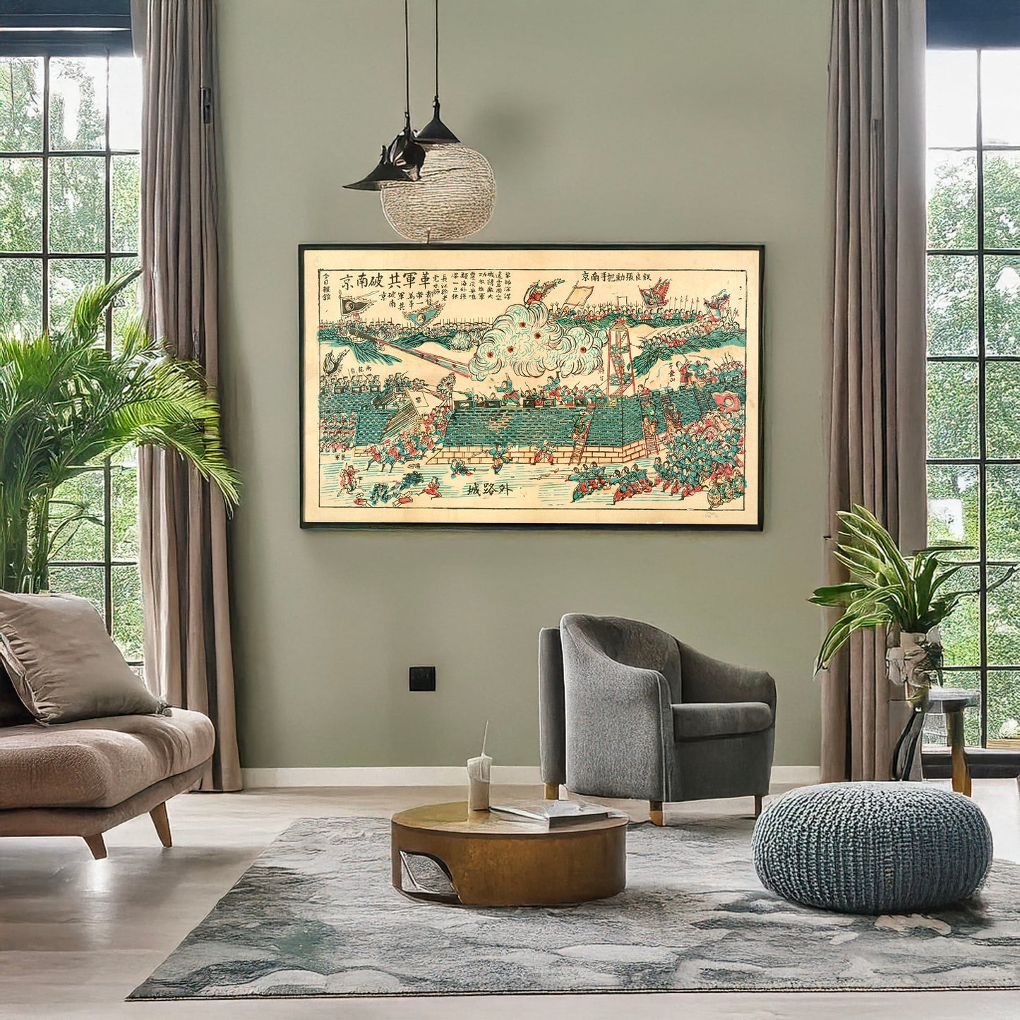 A picture of Revolutionary Army recovering Nanjing; General Tieliang and Zhangxun in garrisoned Nanjing, a mockup of the print leaning against a wall