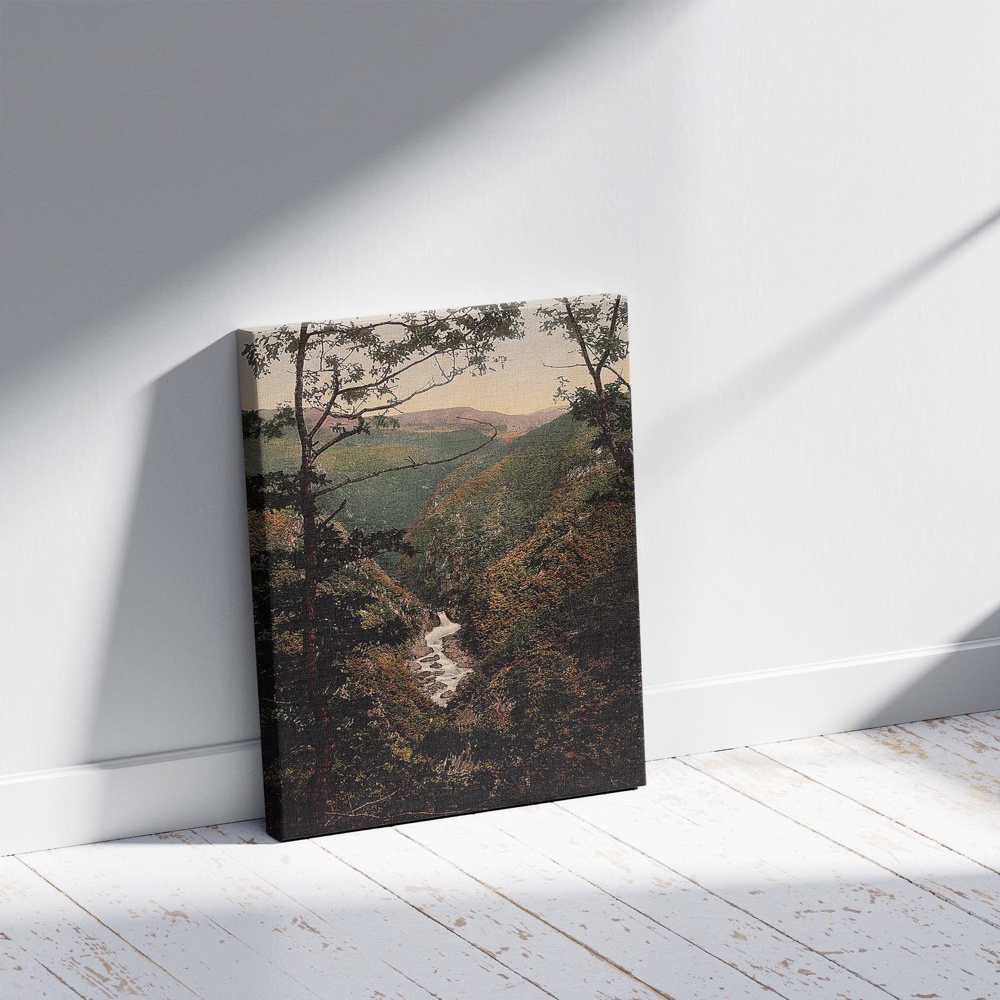 A picture of Rheidol Falls, from Devil's Bridge, Aberystwith, Wales, a mockup of the print leaning against a wall