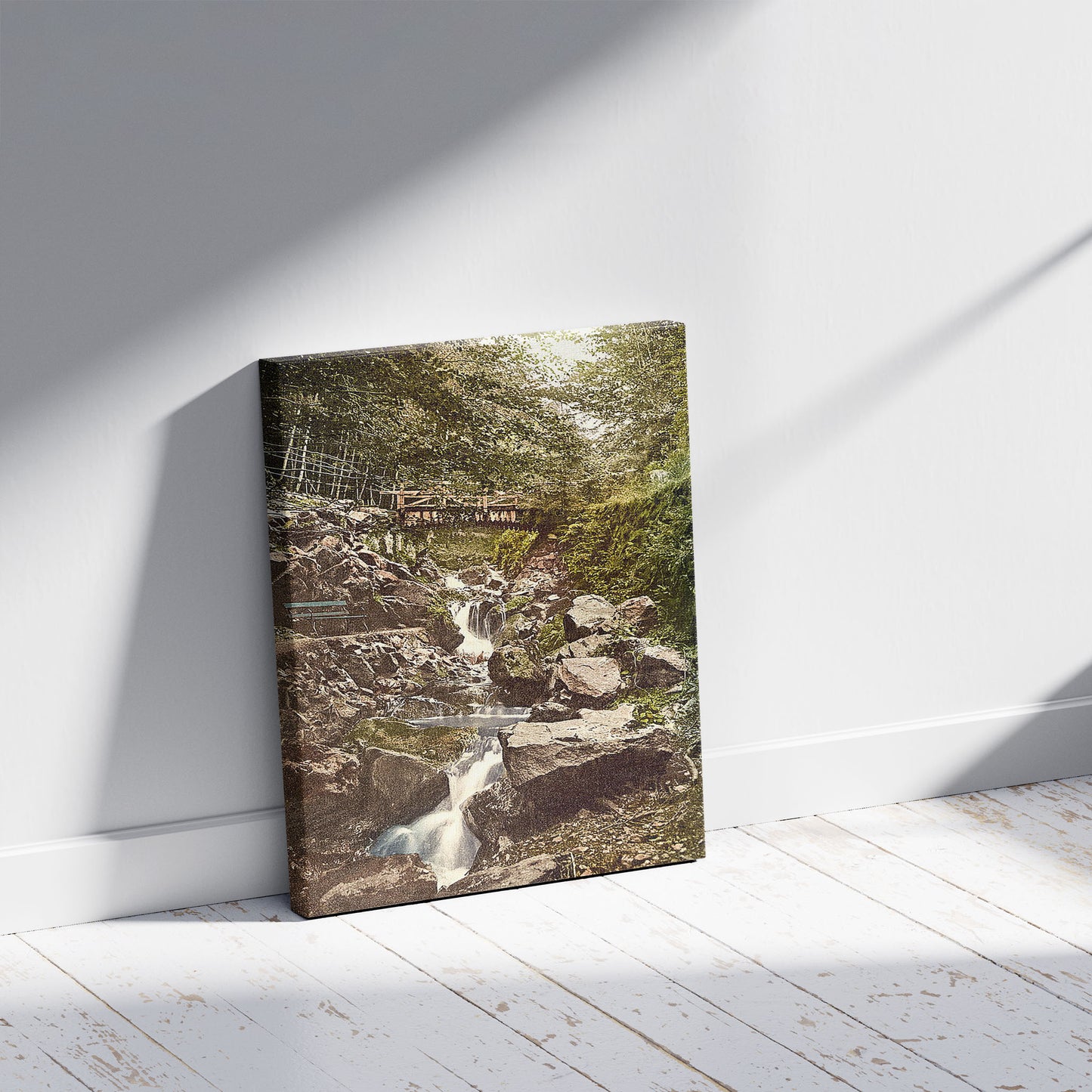 A picture of Riefenbachsfall, Harzburg, Hartz, Germany, a mockup of the print leaning against a wall