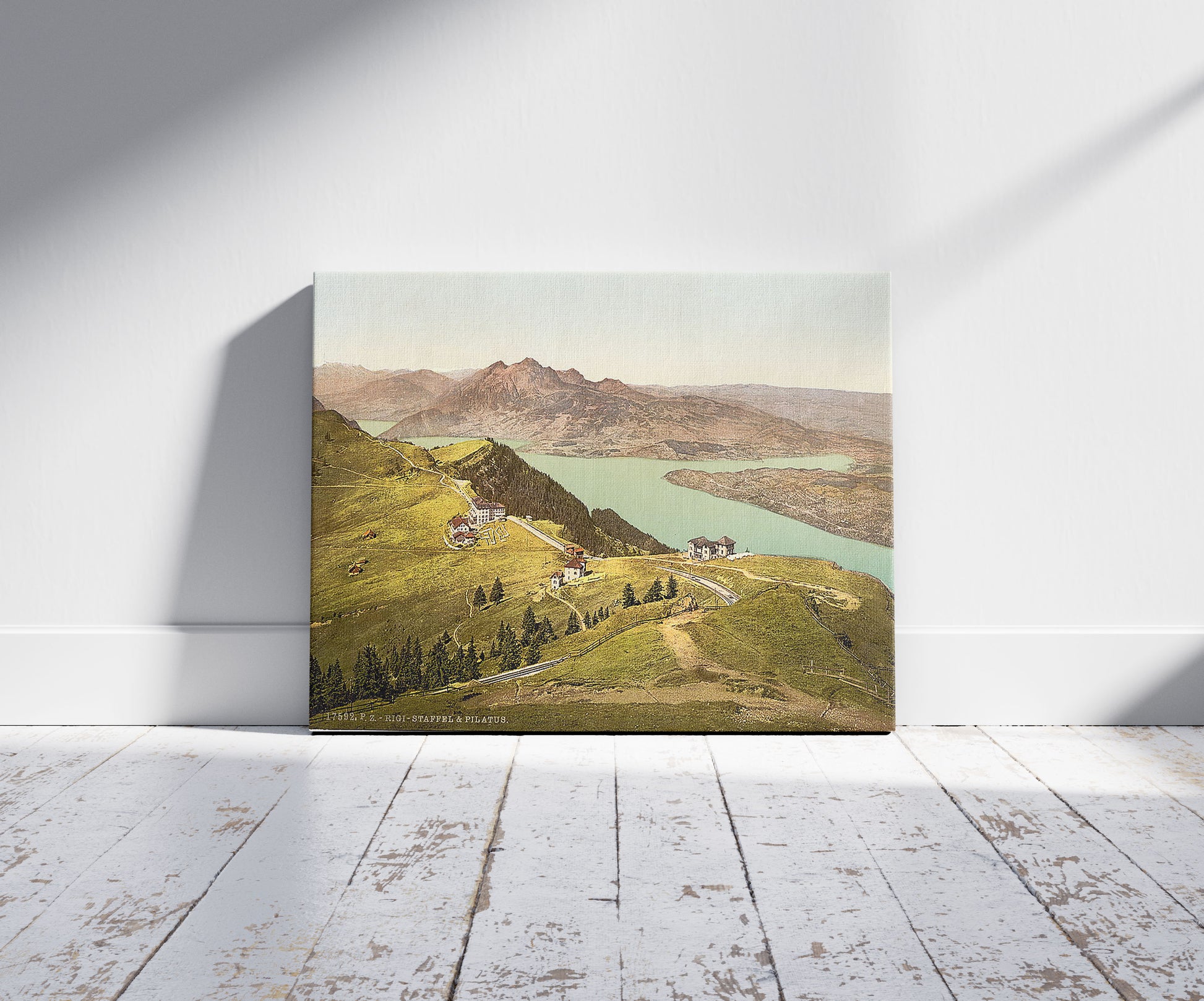 A picture of Rigi Staffel and Pilatus, Rigi, Switzerland, a mockup of the print leaning against a wall
