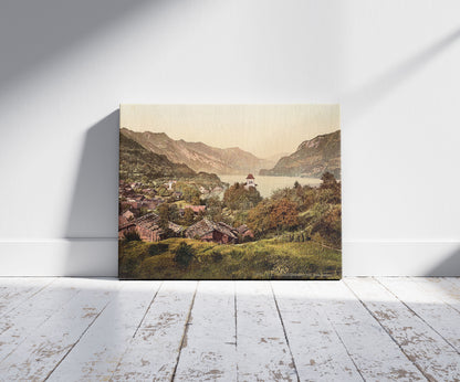 A picture of Ringgenberg and Brienz Lake, Bernese Oberland, Switzerland, a mockup of the print leaning against a wall
