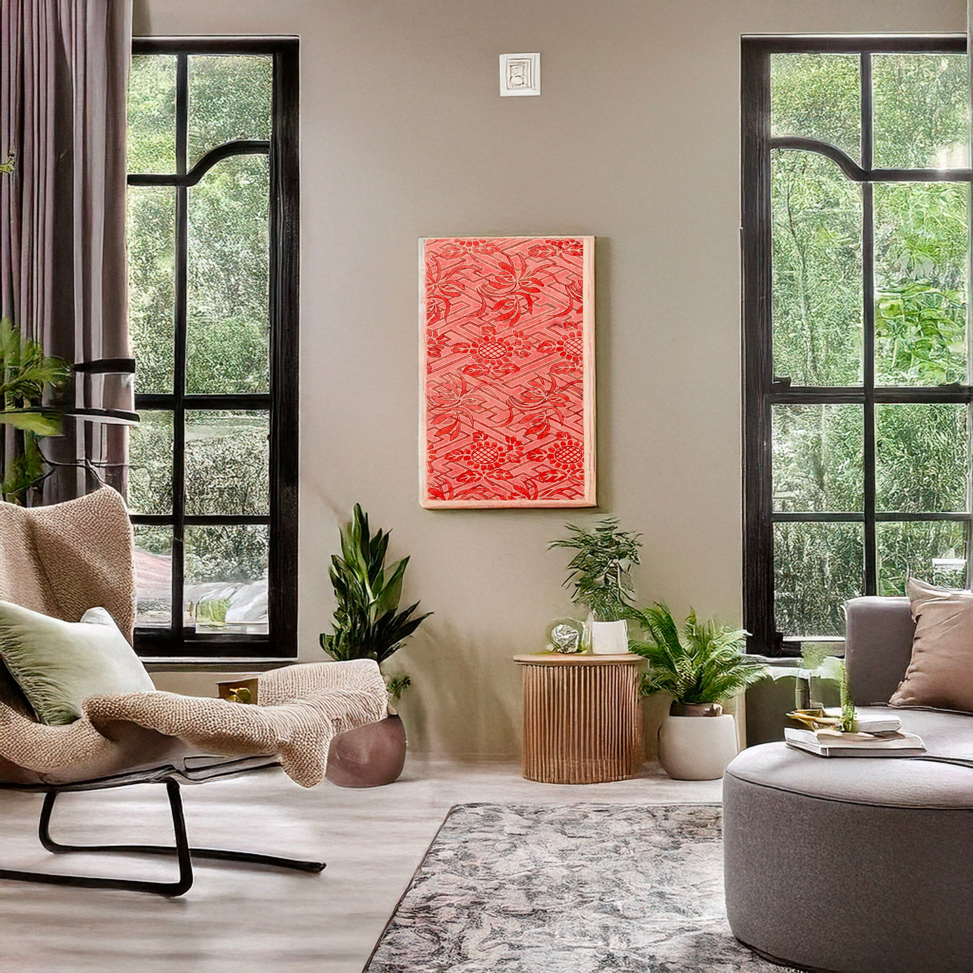 A picture of Rinzu (figured satin), a mockup of the print leaning against a wall