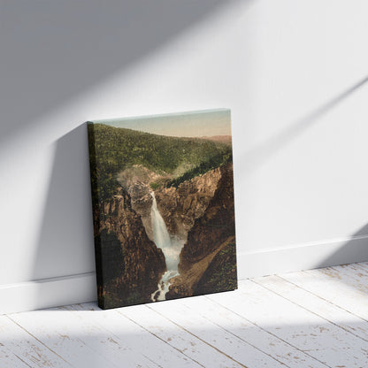 A picture of Rjukanfos, Telemarken (i.e, Telemark), Norway, a mockup of the print leaning against a wall