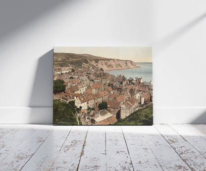 A picture of Robin Hood Bay, a mockup of the print leaning against a wall