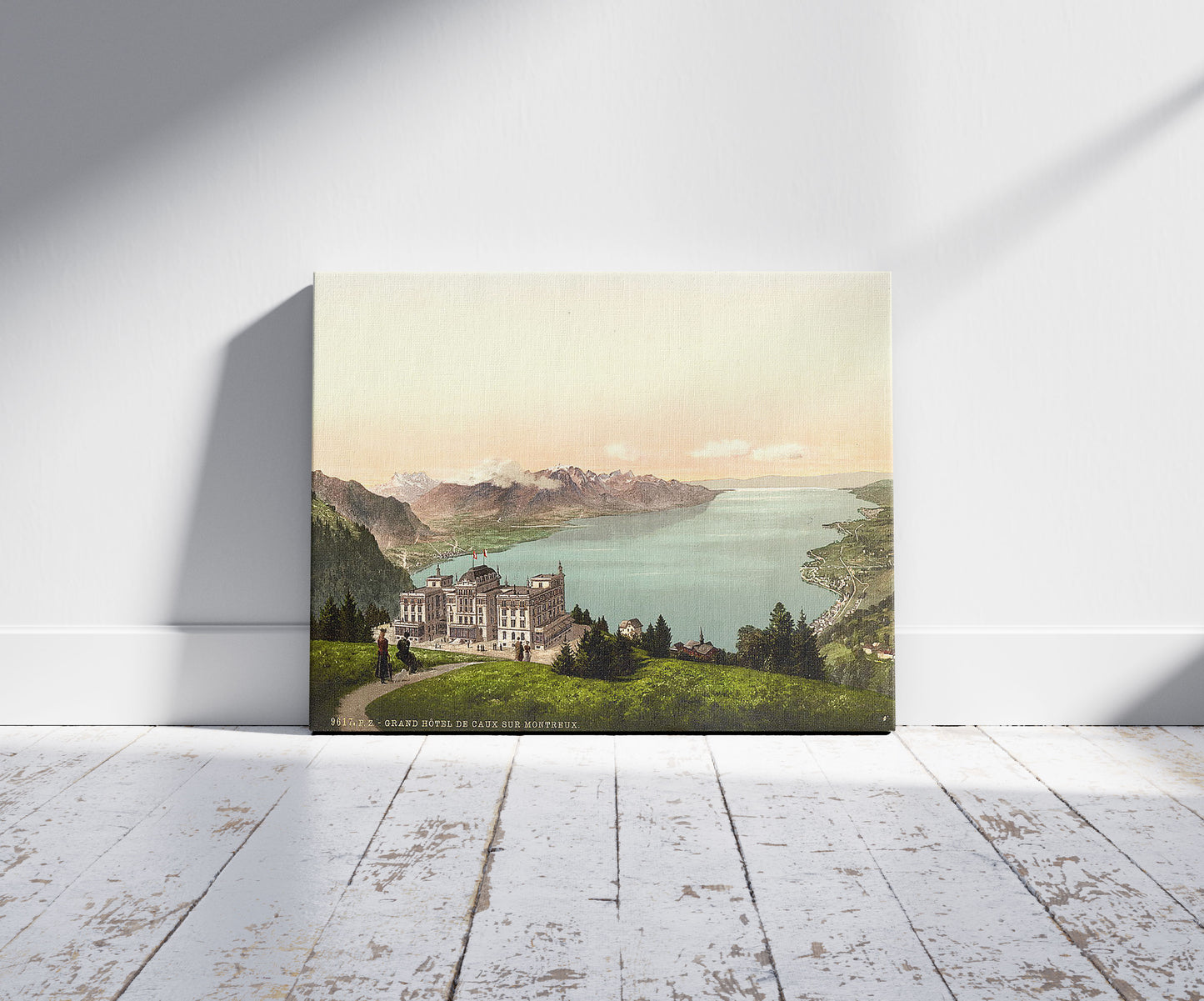 A picture of Rochers de Naye, and Hotel de Caux, Geneva Lake, Switzerland, a mockup of the print leaning against a wall