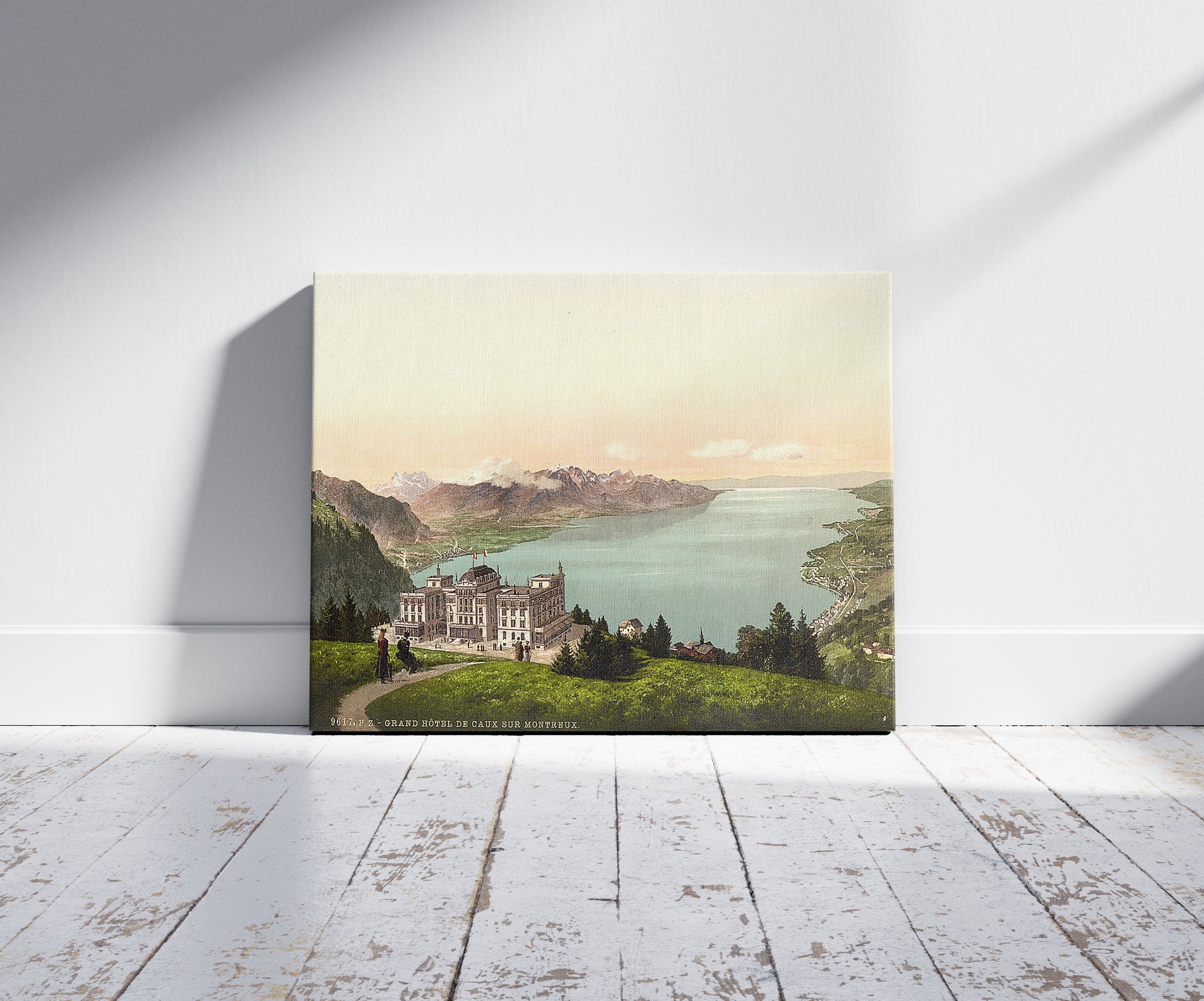 A picture of Rochers de Naye, and Hotel de Caux, Geneva Lake, Switzerland, a mockup of the print leaning against a wall