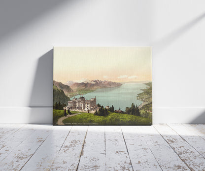 A picture of Rochers de Naye, and Hotel de Caux, Geneva Lake, Switzerland, a mockup of the print leaning against a wall
