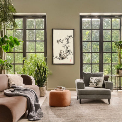 A picture of Rock & bamboo in garden, a mockup of the print leaning against a wall