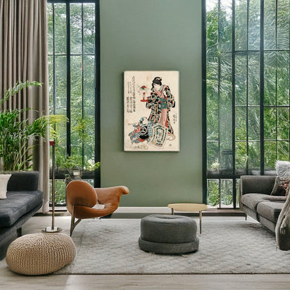 A picture of Rokudaime iwai hanshirō shichikaiki tsuizen (shigenoi ko wakare), a mockup of the print leaning against a wall