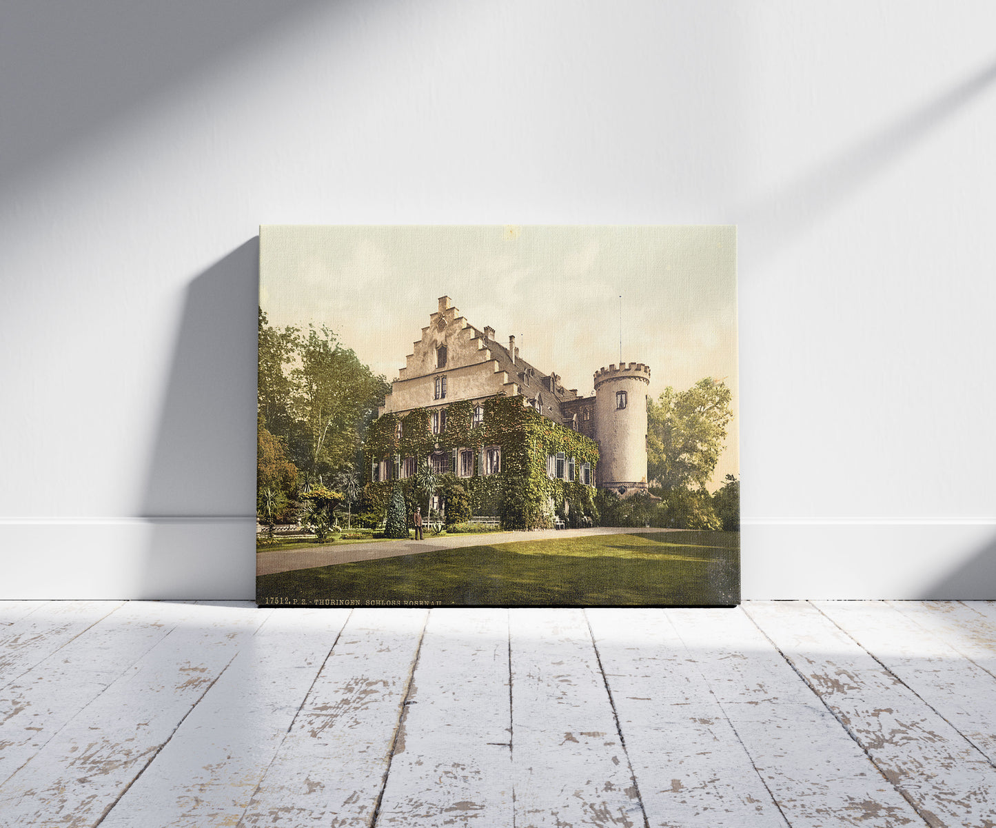 A picture of Rosenau Castle, Thuringia, Germany, a mockup of the print leaning against a wall