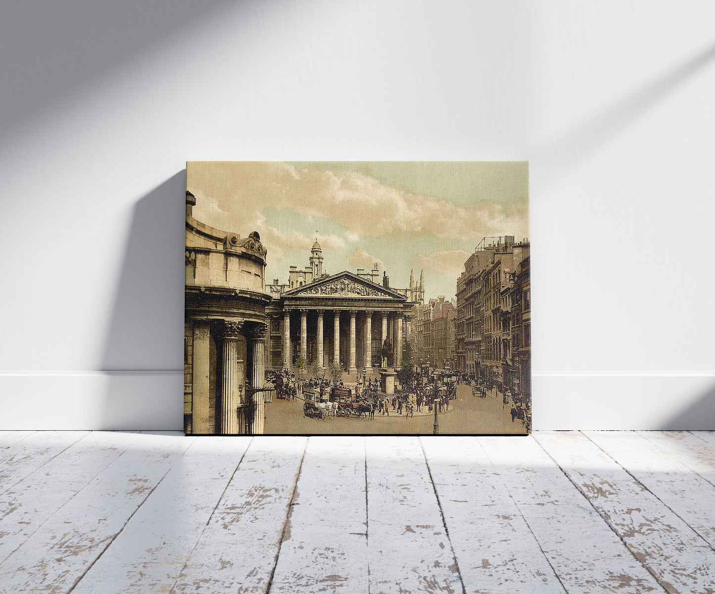 A picture of Royal Exchange, London, England, a mockup of the print leaning against a wall