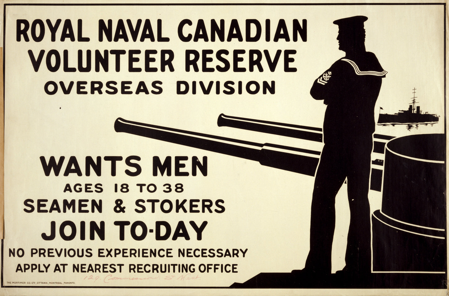 A picture of Royal Naval Canadian Volunteer Reserve Overseas Division wants men ages 18 to 38. Seamen & stokers. Join to-day