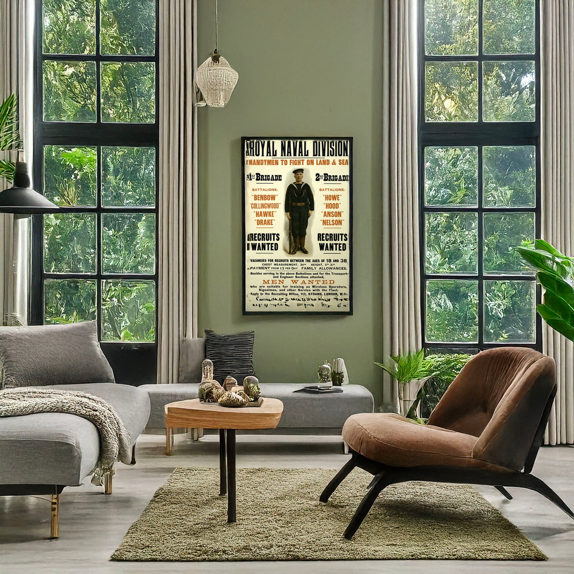 A picture of Royal naval division. Handymen to fight on land & sea ... Men wanted ..., a mockup of the print leaning against a wall