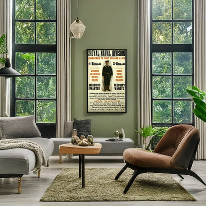 A picture of Royal naval division. Handymen to fight on land & sea ... Men wanted ..., a mockup of the print leaning against a wall