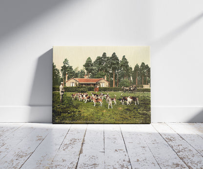 A picture of Royal Staff College, drag hounds, Camberley, England, a mockup of the print leaning against a wall