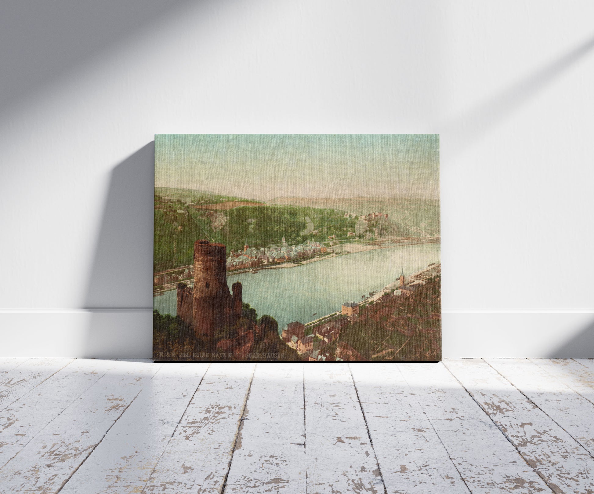 A picture of Ruine Katz U. St. Goarshausen, a mockup of the print leaning against a wall