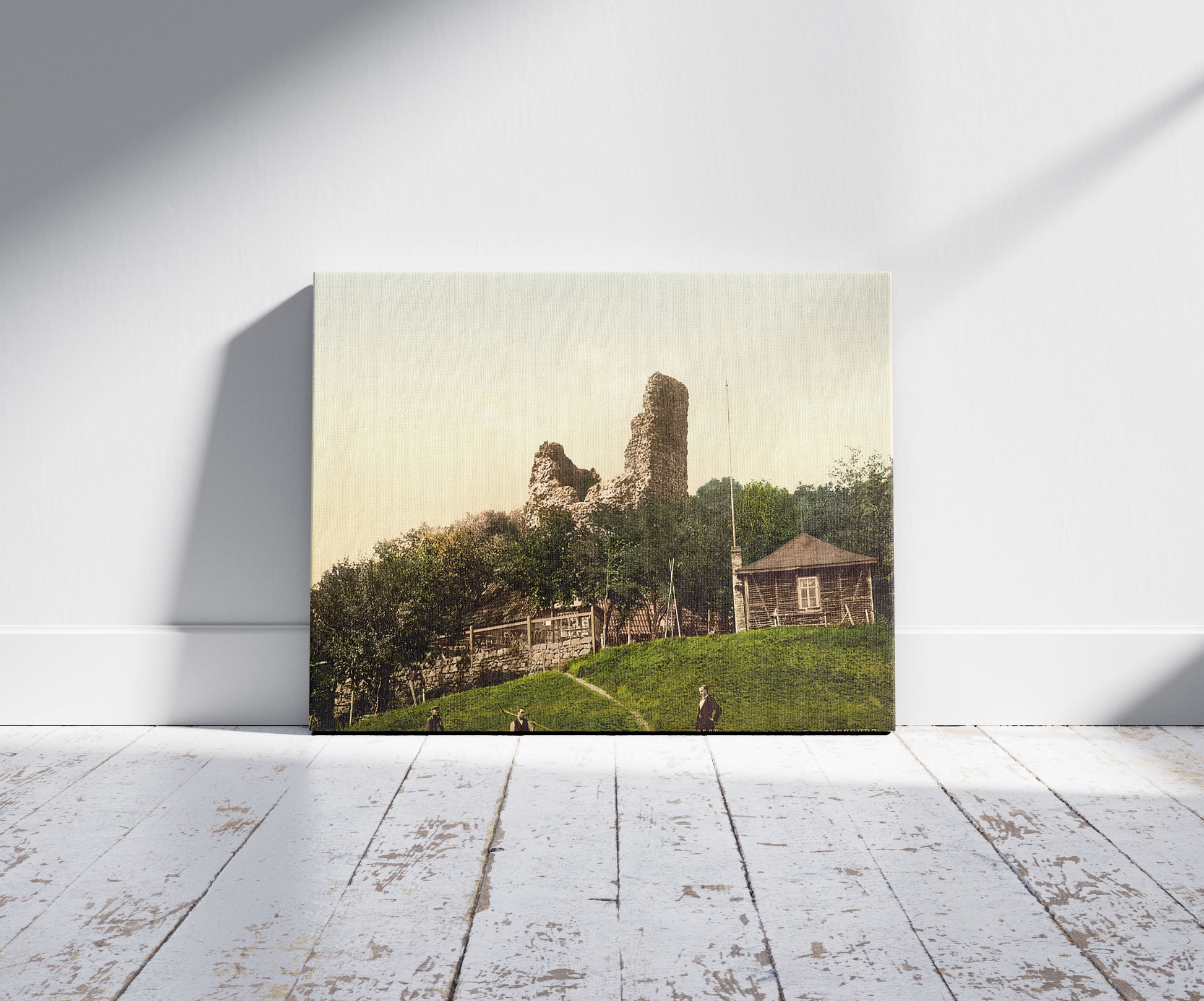 A picture of Ruined castle, Rothenburg, Hartz, Germany, a mockup of the print leaning against a wall