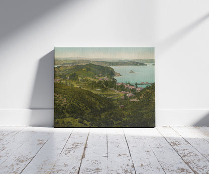 A picture of Russell Bay of Islands, a mockup of the print leaning against a wall