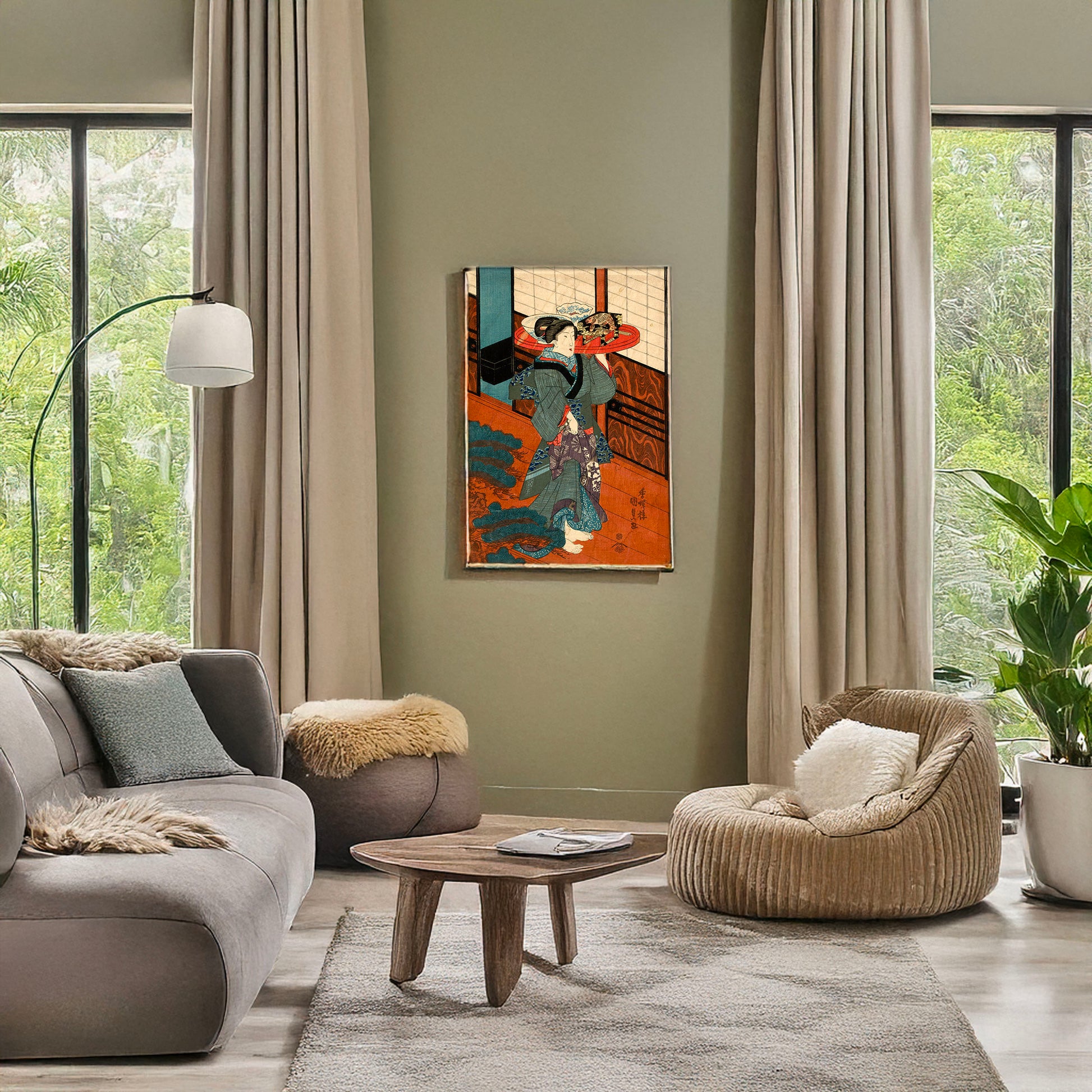 A picture of Ryōri o hakobu nakai, a mockup of the print leaning against a wall