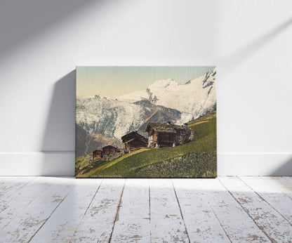 A picture of Saas Fee, alpine view, Valais, Alps of, Switzerland, a mockup of the print leaning against a wall