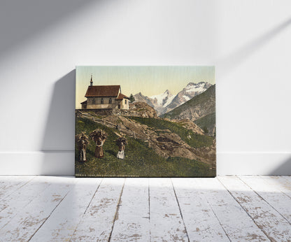 A picture of Saas Fee, church and Rimpfischhorn, Valais, Alps of, Switzerland, a mockup of the print leaning against a wall