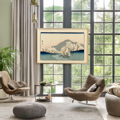 A picture of Sakura namiki zu, a mockup of the print leaning against a wall