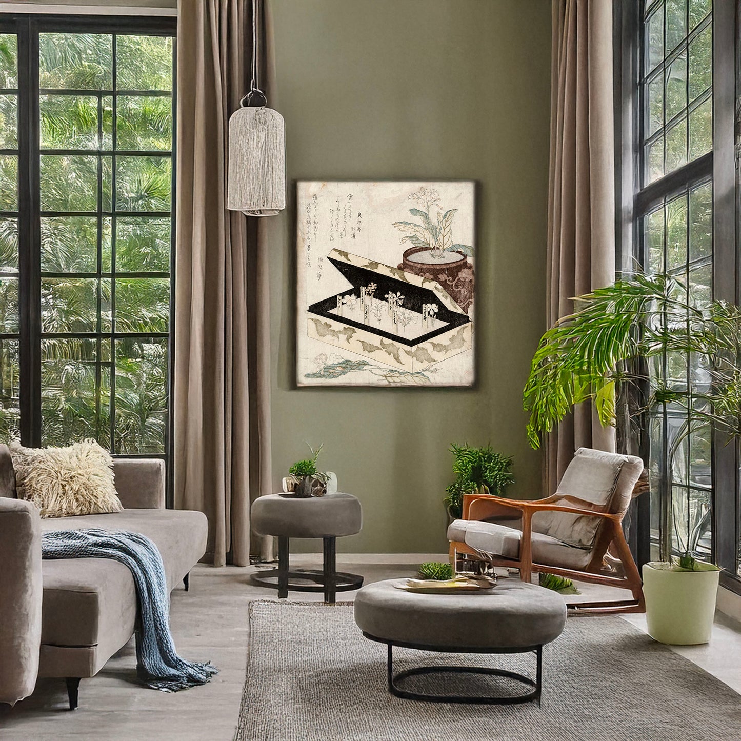 A picture of Sakurasō, a mockup of the print leaning against a wall