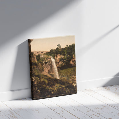 A picture of Salins waterfall, near de Mauriac, Auvergne Mountains, France, a mockup of the print leaning against a wall