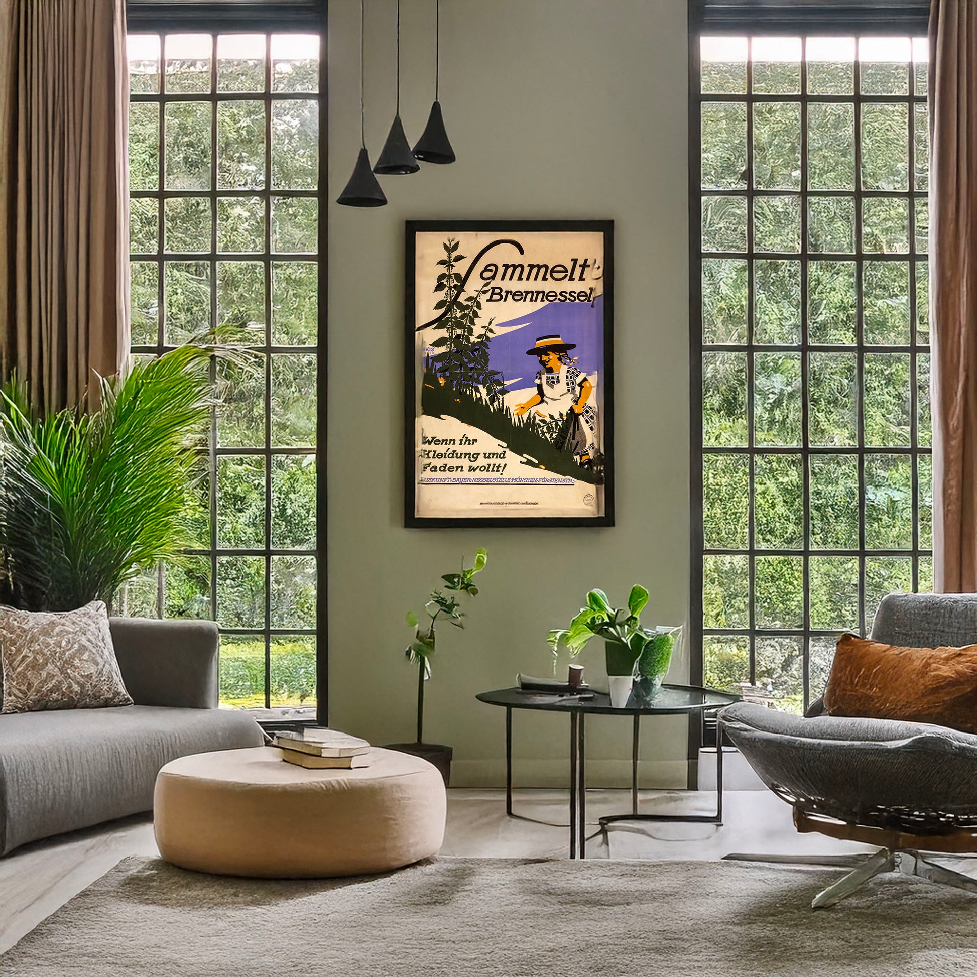 A picture of Sammelt Brennessel! Wenn ihr Kleidung und Faden wollt!, a mockup of the print leaning against a wall