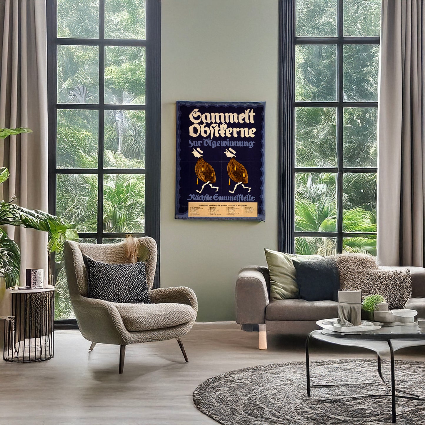 A picture of Sammelt Obstkerne zur Ölgewinnung; nächste Sammelstelle ..., a mockup of the print leaning against a wall