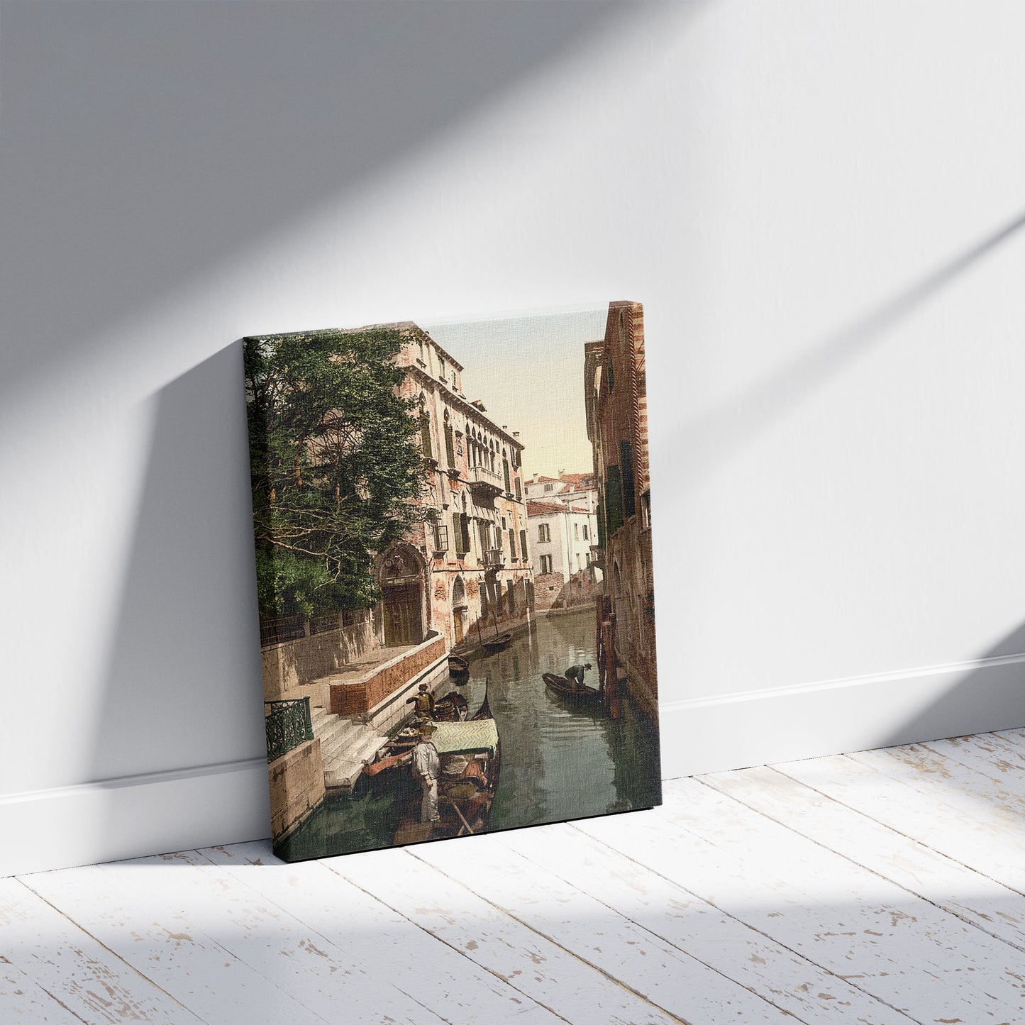 A picture of San Marina Canal, Venice, Italy, a mockup of the print leaning against a wall