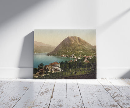 A picture of San Salvatore and Paradiso, Tessin, Switzerland, a mockup of the print leaning against a wall