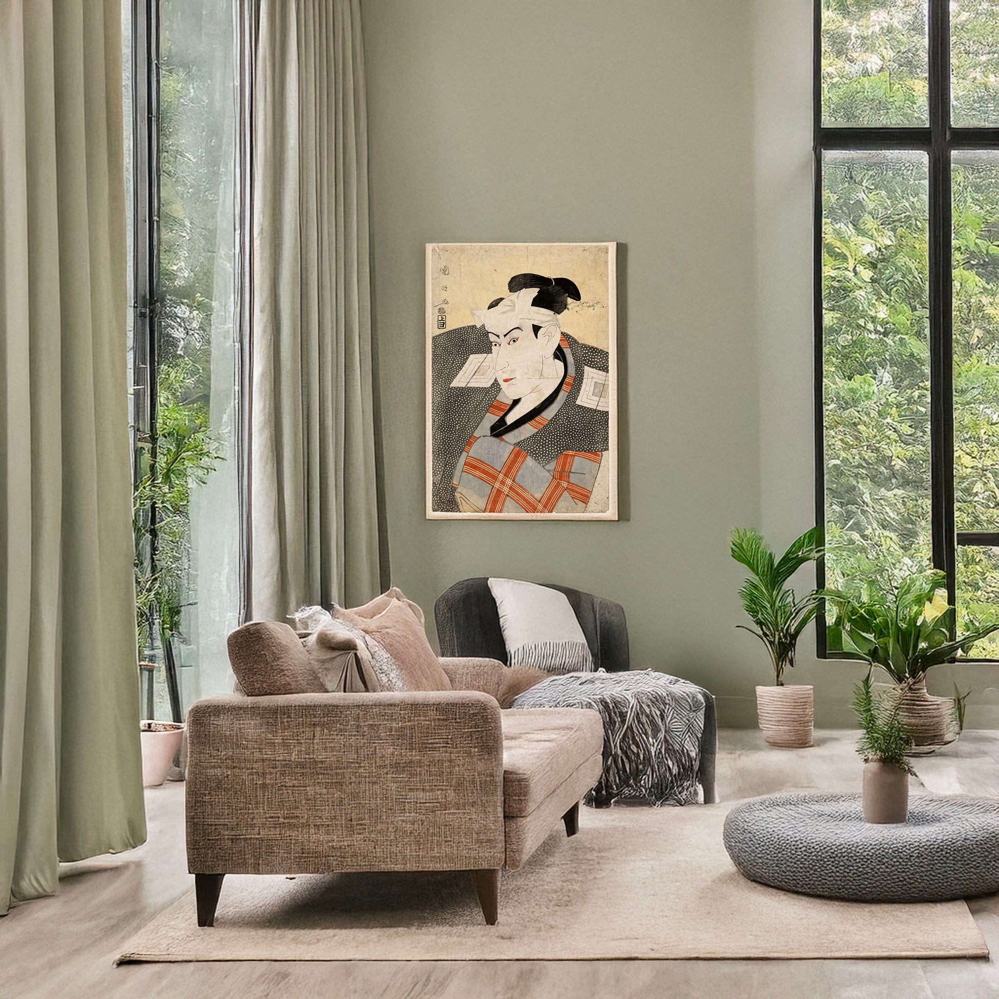 A picture of Sandaime ichikawa yaozō, a mockup of the print leaning against a wall