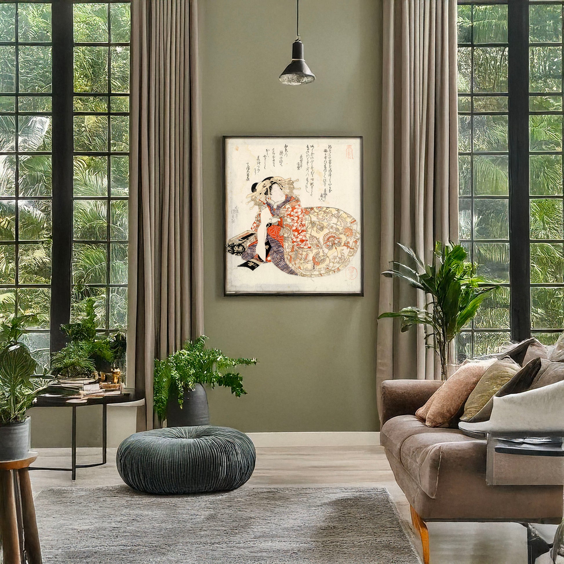 A picture of Sandaime onoe kikugorō no yūjo, a mockup of the print leaning against a wall